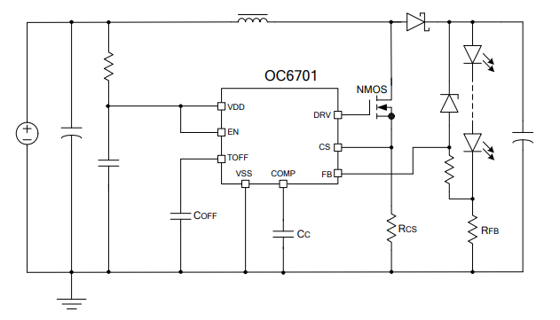 大功率升压恒流IC芯片型号 OC6701电路图